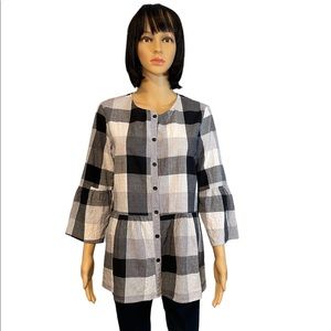 Habitat XS Cotton Black Plaid Crinkle Weave Button Tunic Blouse 3/4 Bell Sleeve